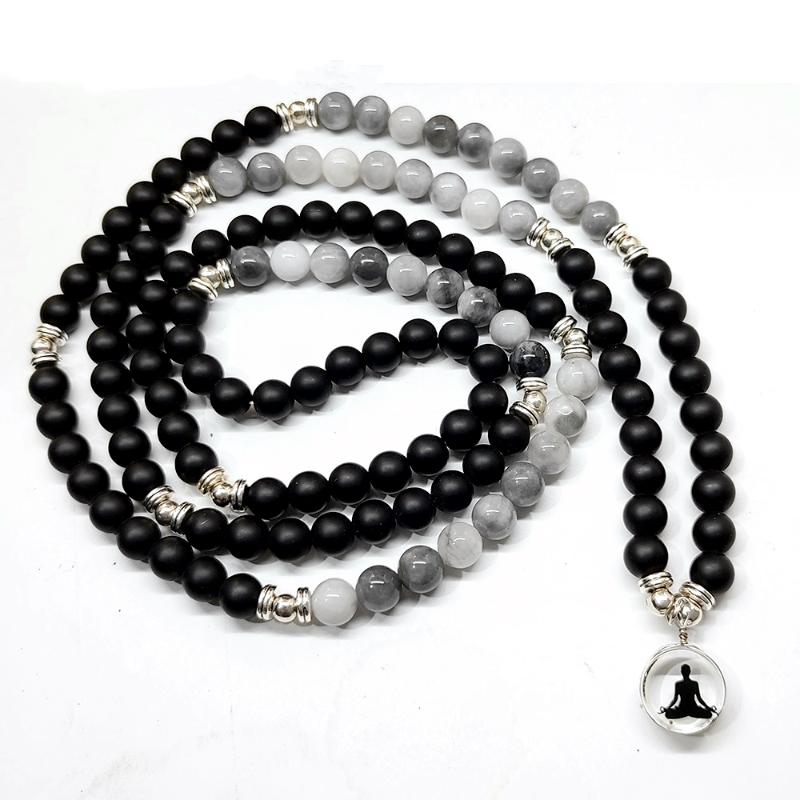 

Charm Bracelets 6mm Natural Obsidian&Hawk's Eye Power Meditation Yoga Spirit Jewelry 108 Mala Beaded Bracelet Necklace, Golden;silver