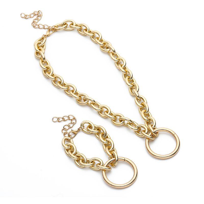 

Earrings & Necklace Geometric Hollow Circle Choker Chunky Link Chain Bracelet Jewelry Set, Silver