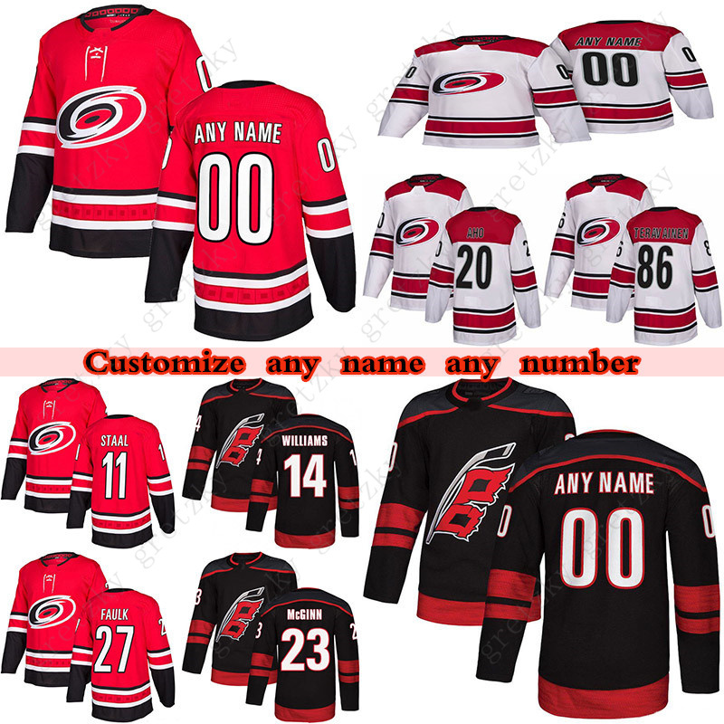 

Custom Season Carolina Hurricanes hockey jerseys 20 Sebastian Aho 86 Teuvo Teravainen 14 Justin Williams 37 Andrei Svechnikov any number and name, Black;red