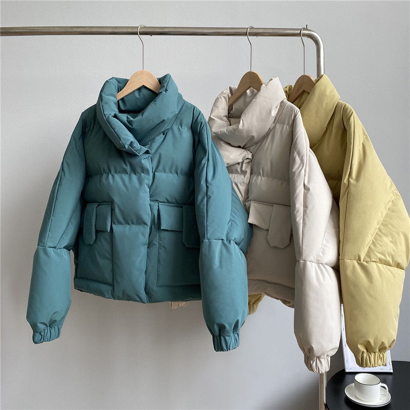

Winter Exquisite Short Pure Color Casual Jacket Women's Stand Up Collar Big Pocket Simple Thickened Fashion Warm Coat 210520, Beige