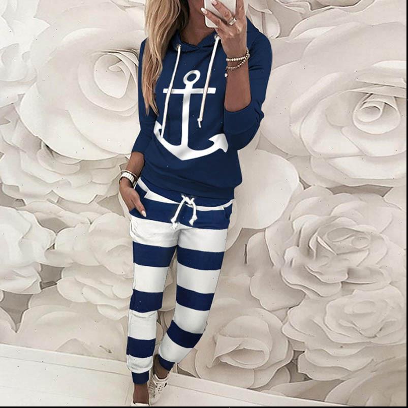 

drawstring anchor printing two piece women tracksuits full sleeve hooded amp long pants suit clothes set clothing, Gray