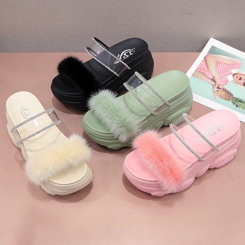 

Sandals Furry Platform Slippers Women's Fashion Muffin Ladies' 2021, Black