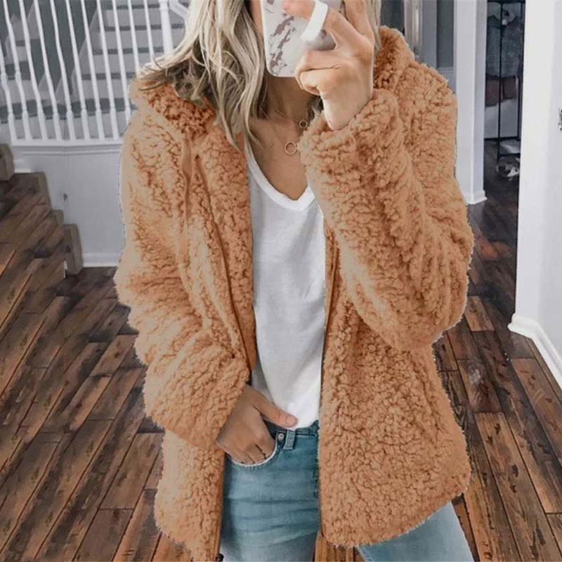 

2021 Autumn Faux Fur Coat Women Teddy Coat Hooded Teddy Jacket Female Long Sleeve Zipper Plush Fluffy Jacket Ladies, Tan;black