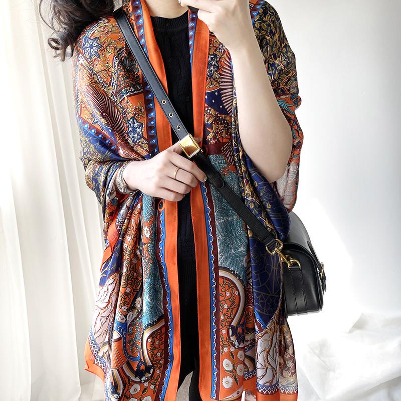 

Berets 2021 Women Silk Winter Scarf Luxury Design Print Lady Beach Shawl Scarves Fashion Smooth Foulard Female Hijab, Blue;gray