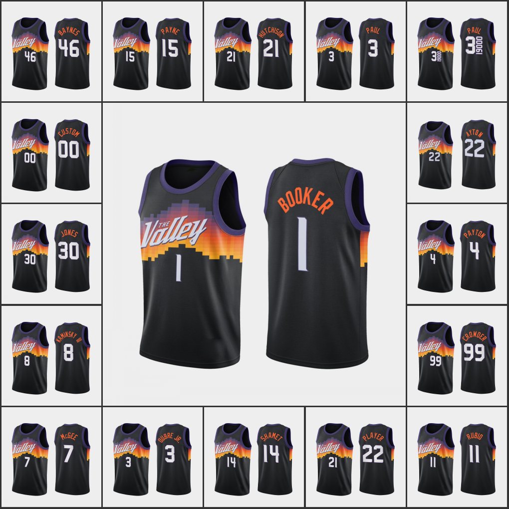 

PhoenixSunsMen Devin Booker Chris Paul Deandre Ayton Ricky Rubio Chandler Hutchison CustomCityEdition Black Jersey