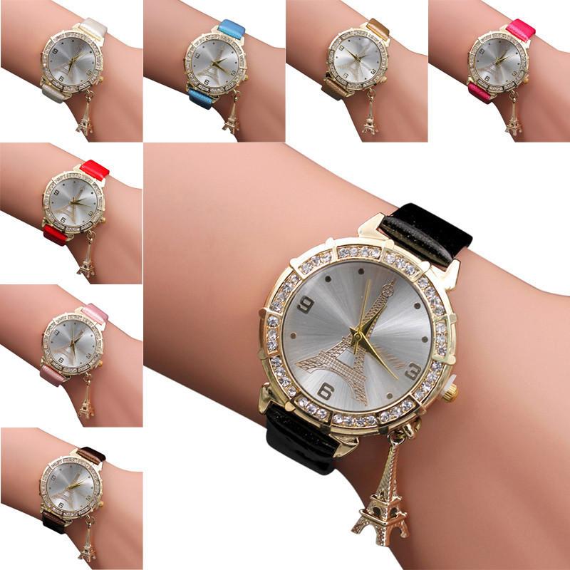 

Wristwatches Women Quartz Wrist The Eiffel Tower Rhinestone Pendant Watch Girl Student Fashion Retro Watches Clock For Female, Brown