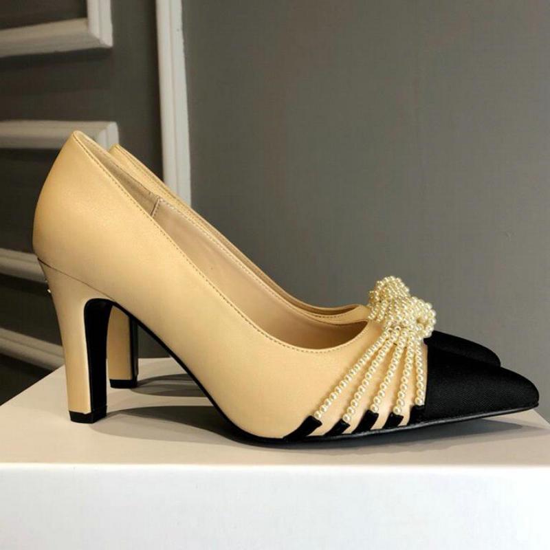 

Dress Shoes Suede Leather Heels Women Shallow Mouth Pointed Toe Pearl Bow Single Black For Big Size White Strappy Sandals