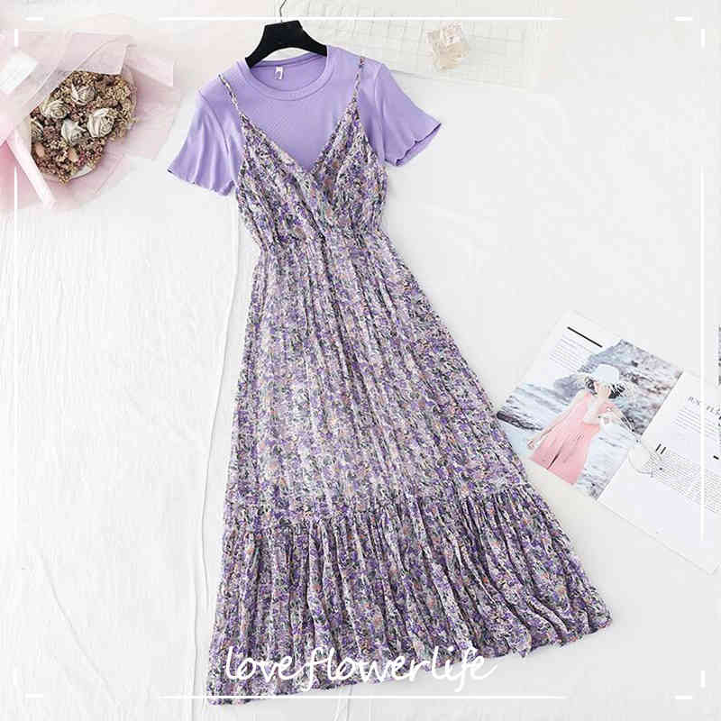 

Summer Sling Dress Woman + Short Sleeve T-shirt Sets Floral Print Ruffle Chiffon Dresses Casual Two-Pieces Suits Midi Dress 210521, Floral 7