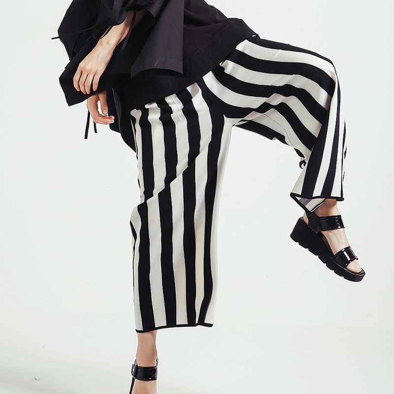 

Spring Striped Loose Wide Leg Pants Casual Design Elastic Waist Women Trousers Simple Vintage Femme Pantalon 13A217 210525, Black