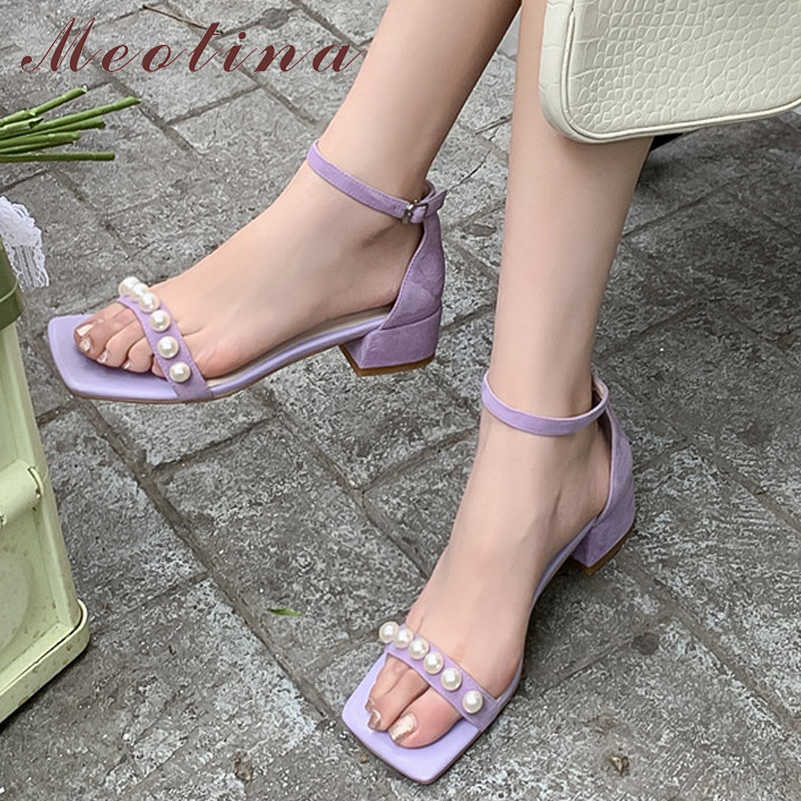 

Meotina Women Shoes Genuine Leather Sandals Med Heel Ankle Strap Sandals Square Toe Buckle Shoes Thick Heel Kid Suede Sandals 210608, Black