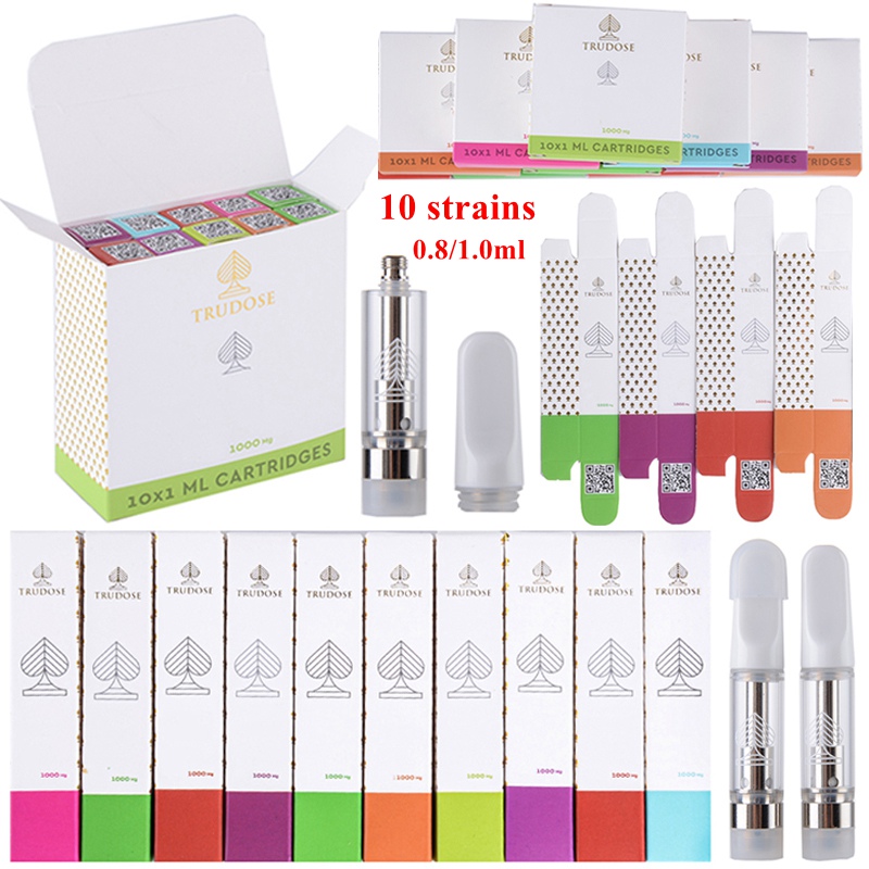 

USA STOCK 10 Strains Trudose Atomizers 0.8ml 1ml Ceramic Vape Cartridges E Cigarette Packaging Empty Carts Glass Tank Thick Oil Wax Dab Pen Vaporizer 510 Thread