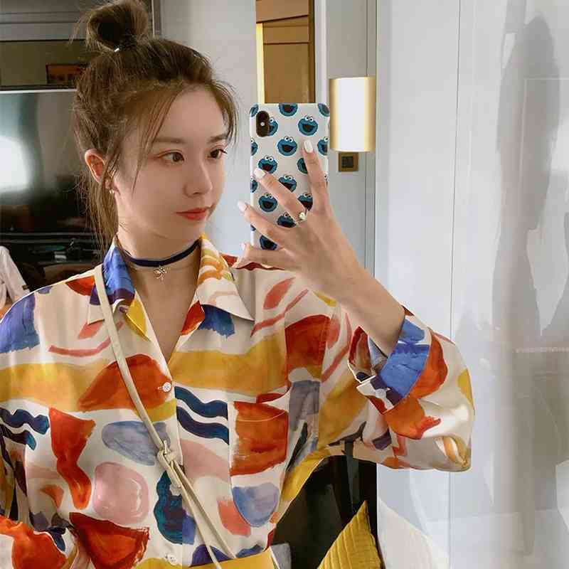 

Spring Casual Graffiti Print Oversize Women's Tunic Shirt Blouse Long Sleeve Ladies Tops Plus Size Button Up Female 210521, Sku