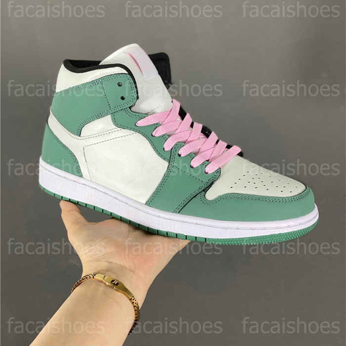 

1 Mid SE Dutch Green Sneaker with Pink Laces Women Shoe Barely-Green WMNS Outdoor Causual Skateboard shoes, 01