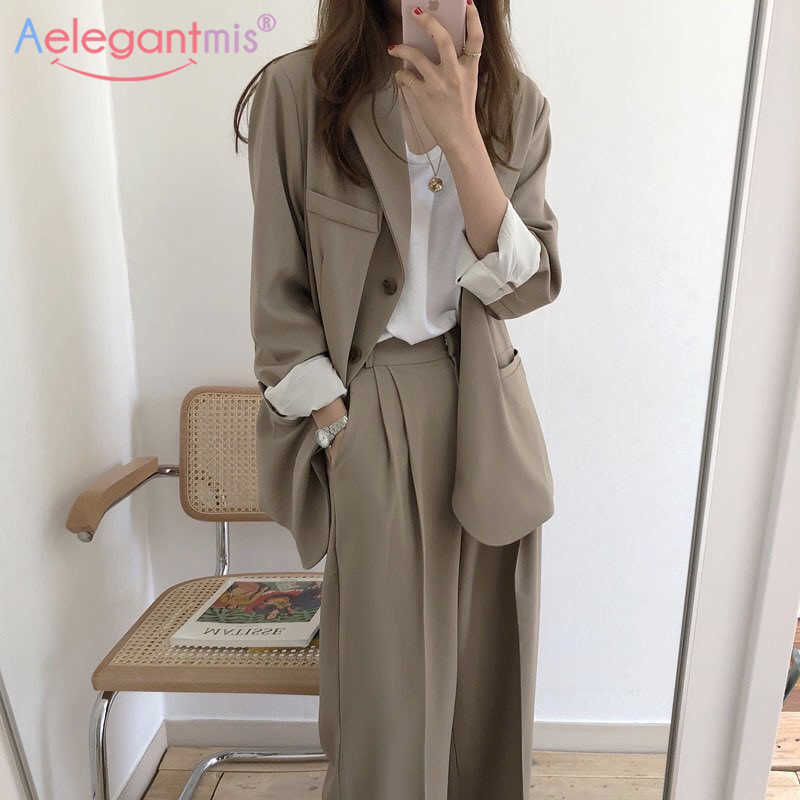 

Aelegantmis Spring Autumn Thin Women Pant Suit Female Loose Casual Blazer Jacket & Long Pants Office Lady Uniform Suits Coats 210607, Black