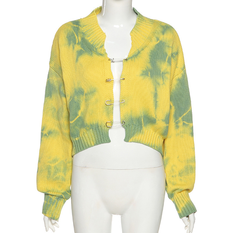 

Fall 2021 Girls Green Oversized Cardigan Crop Top Sweater Knitted Cute Long Sleeve Pins Sweaters Tie Dye Cartiganshigh quality
