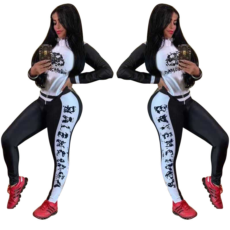 

Free Ship Women Fashion Print Slim Zipper Jacket and Pants Two Piece Set Ladies Tracksuits Sporty Outfits, Black&white