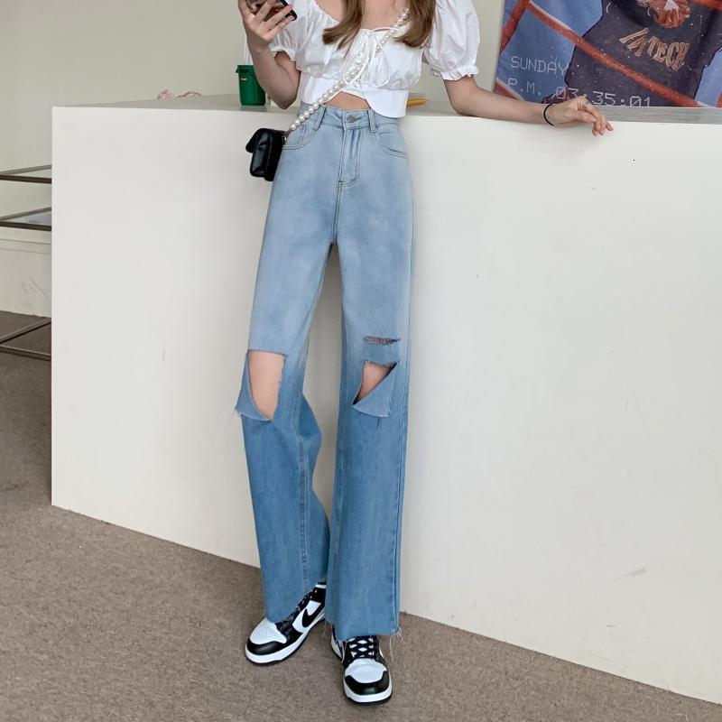 

jeans gradual change hole women's 2021 fashion autumn high waist wide leg pants vertical straight, Blue