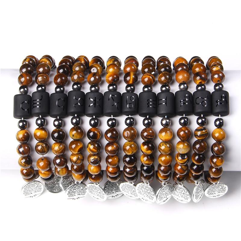 

Beaded, Strands 8mm 12 Zodiac Constellation Natural Tiger Eye Stone Bracelet Classic Life Of Tree Pendant Energy Jewelry For Women Men