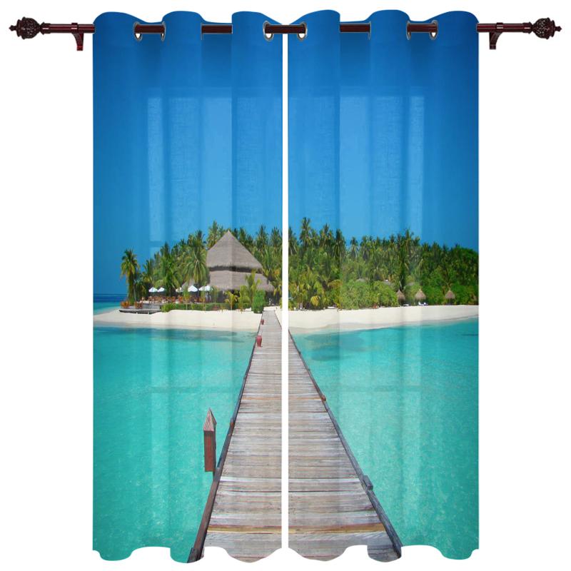 

Luxury Modern Window Curtains Resort Island Landscape Bedroom Living Room Dining Decoration Translucent Beautiful Curtain & Drapes