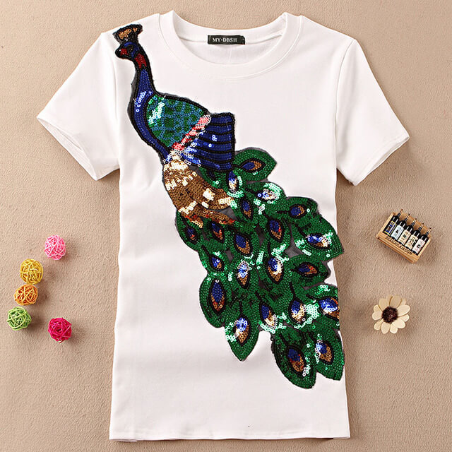 

Women' T-Shirt New fashion women elegant Peacock O T-shirt collar female sequins embroidery Casual t shirt Top Tees Plus size, Dark gray