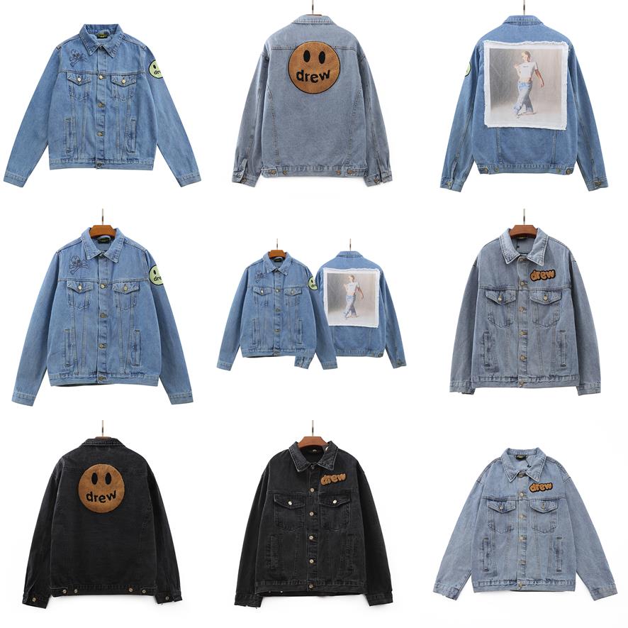 

Designers jean jackets Drew House Smiley Face Denim coats womens men print leather jacket Printing Long Sleeve women cowboy mens, Black;brown