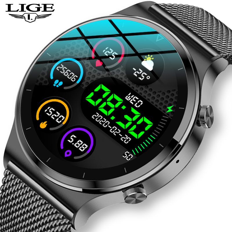 

LIGE 2021 New Smart watch Men IP68 waterproof watch Multiple sports modes heart rate weather Forecast Bluetooth Men Smart watchg, Black mesh belt