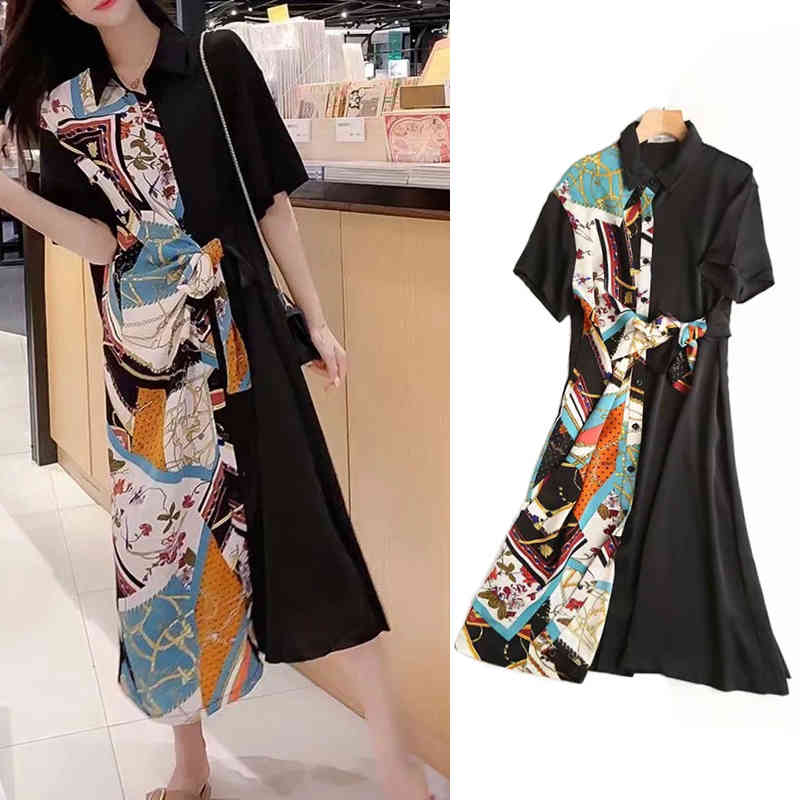 

Casual Dresses ZA 2021 fashion geometric printing bandage contrast stitching shirt dress lapel short-sleeved casual FTJ4, Black
