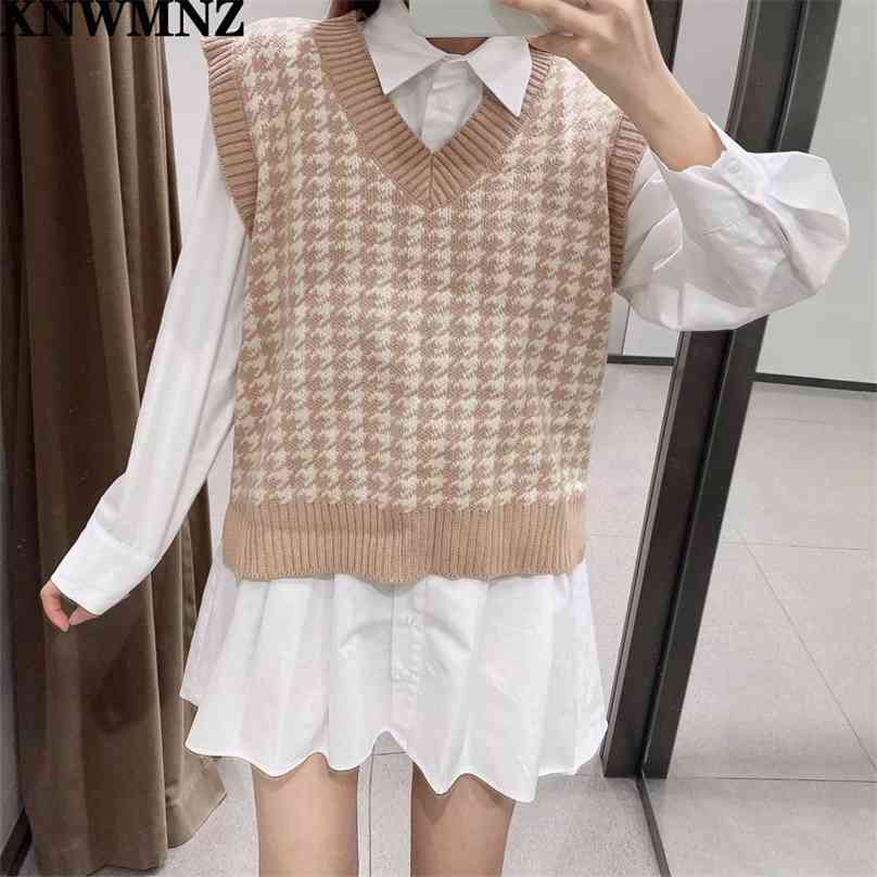 

Stylish Chic Houndstooth Plaid Sleeveless Sweater Women Fashion V-Neck Pullovers Elegant Ladies Casual Jumpers High quality 210520, Black