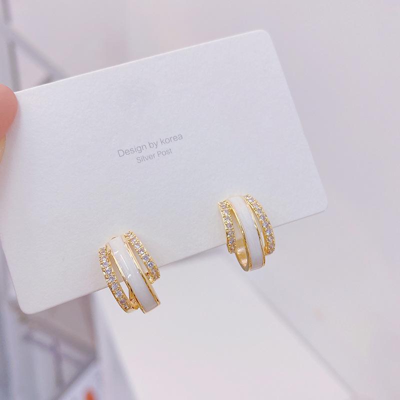 

Hoop & Huggie 14K Real Gold Plating Type C Three-layer Zircon White Drip Earrings Design Fashion Jewelry Elegant Women's Daily Earing Gift