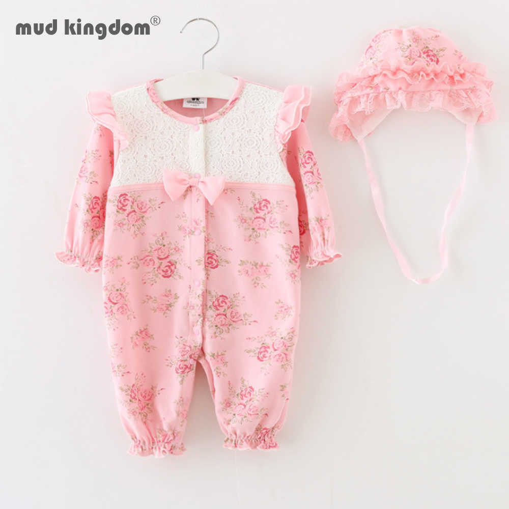 

Mudkingdom born Baby Girl Romper Infant Girls Ruffles Floral Jumpsuit with Hat Outfits Sets 210615, Pink