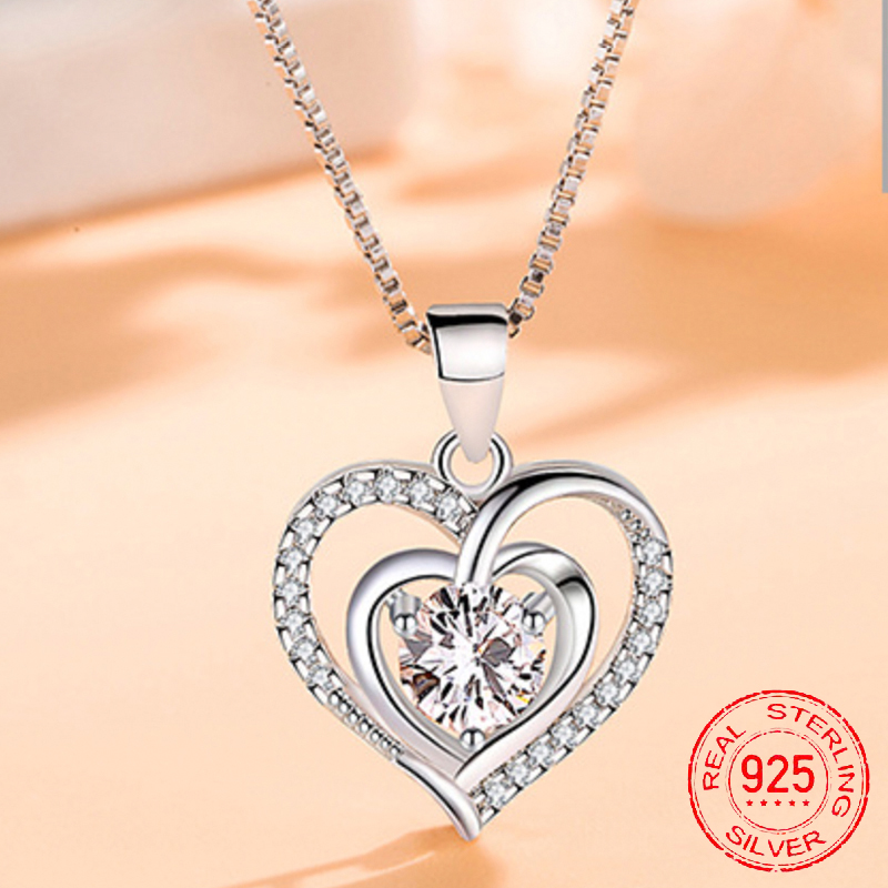 

Original Solid 925 Silver Chain Choker Necklace Luxury Crystal CZ Love Heart Pendant Necklaces Women Party Jewelry Gifts