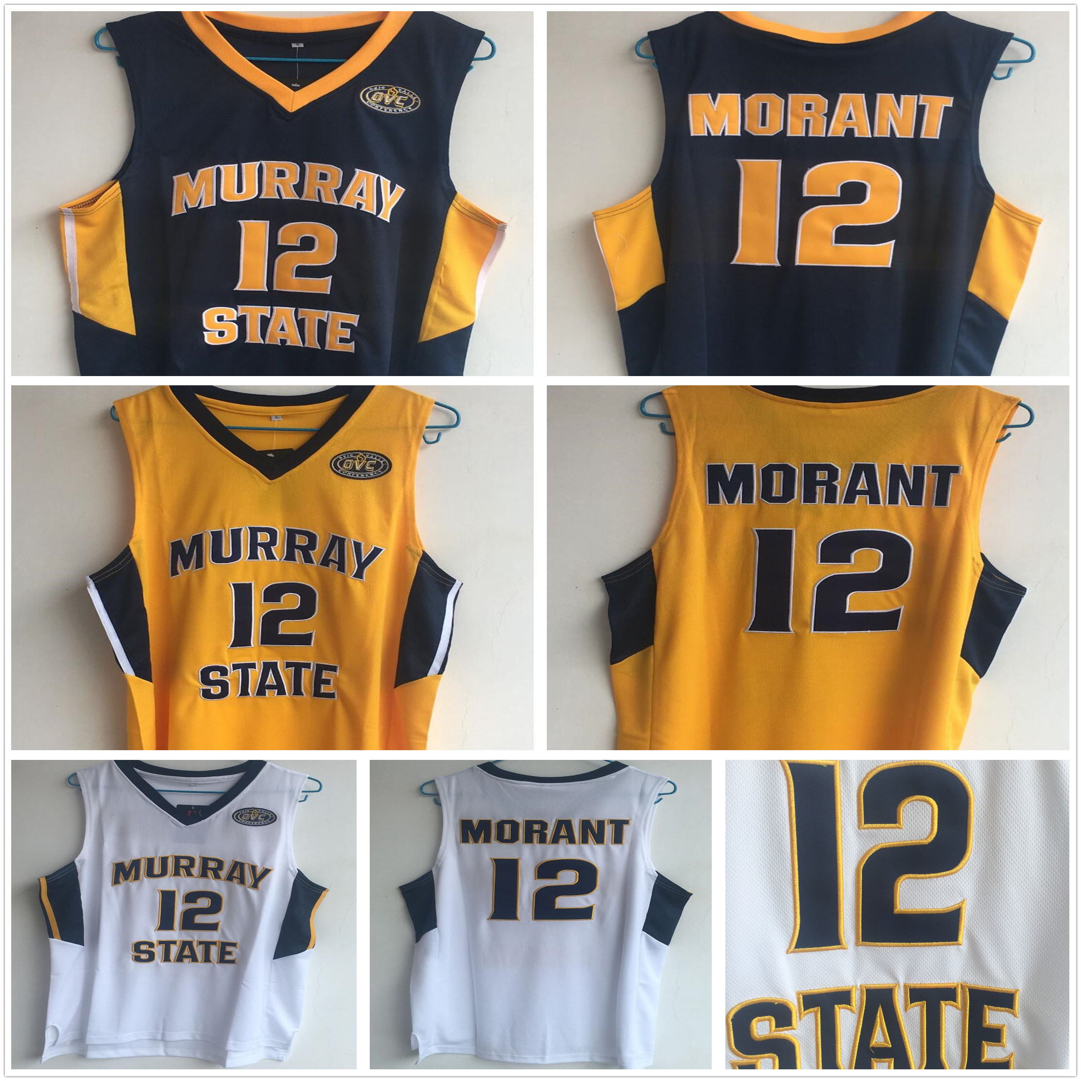 

NCAA Mens Vintage Murray State Racers Ja 12 Morant College Basketball Jerseys Blue White Yellow Stitched Ja Morant Shirts OVC Patch -2XL