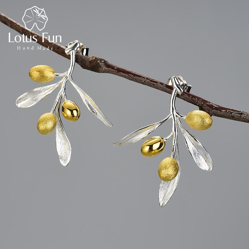 

Stud Lotus Fun Olive Leaves Branch Fruits Unusual Earrings For Women 925 Sterling Silver Statement Wedding Jewelry 2021 Trend, Golden;silver