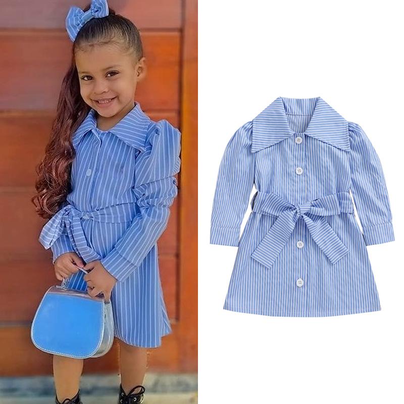 

Girl's Dresses FOCUSNORM 1-6Y Autumn Fashion Kids Girls Dress With Belt Striped Printed Long Sleeve Single Breasted Shirt, As pic