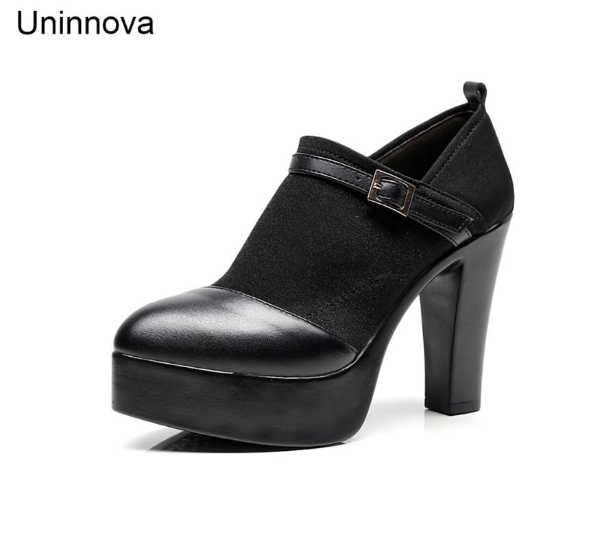 

Women Platform Winter Warm Shoes Black Elastic Fabric Buckle Super High Heels Uninnova Business Pumps WP137 Sapato Feminino Dress