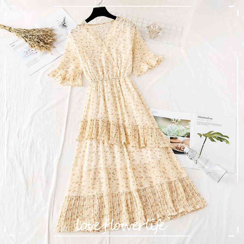 

Summer Dress Women Slim Vintage Floral Print Chiffon Long Dress Female Casual Ruffles Pleated Dress Party Vestidos 210521