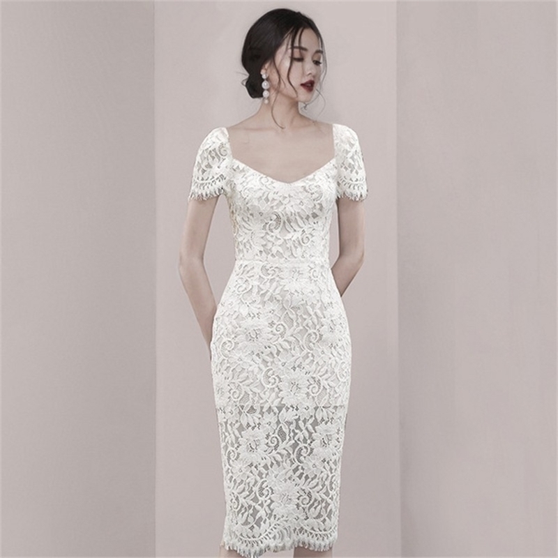 

Fashion Lace Bodycon Pencil Dress Women Elegant Short Sleeve Summer Sexy V-Neck Dresses OL Work Wear Vestidos 210603, Picture color