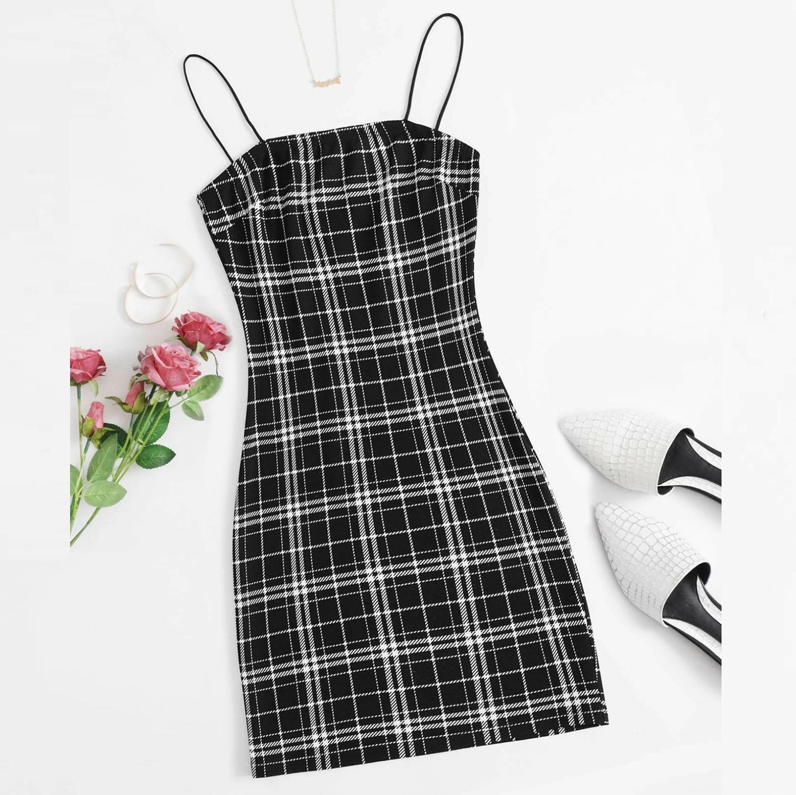 

40 bodycon women dress party mini womens sleeveless plaid print slip sling spaghetti strap straigh cami vestidos, Black;gray