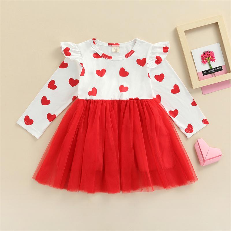 

Girl's Dresses Toddler Kids Girls Casual Sleeve Heart Print Multi-Layered Tulle Dress Princess Valentine's Day For 2-6 Years, Red;yellow