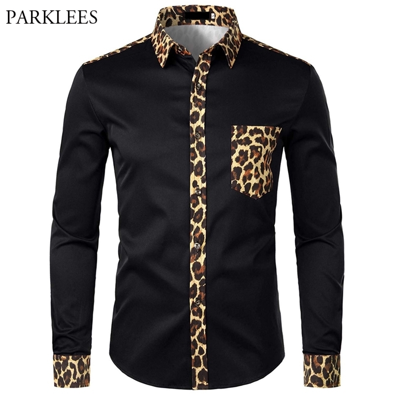 

Men Splice Leopard Printed Shirt with Pocket Men Dress Shirt Long Sleeve Men Fashion Brand Mens Button Shirts Camisas Hombre USA 210524, Wine red