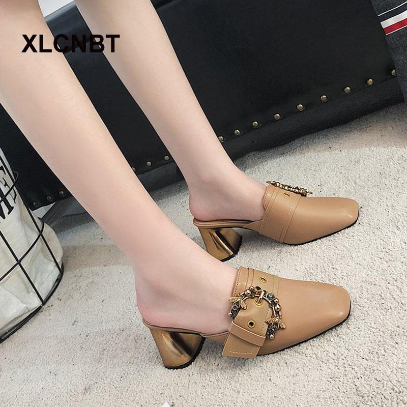 

Close Toe Shoes Cover Slipper Leather Solid Spring Autumn Sandals Ladies Shallow High Hees Square Heel Lazy Person Slippers, White