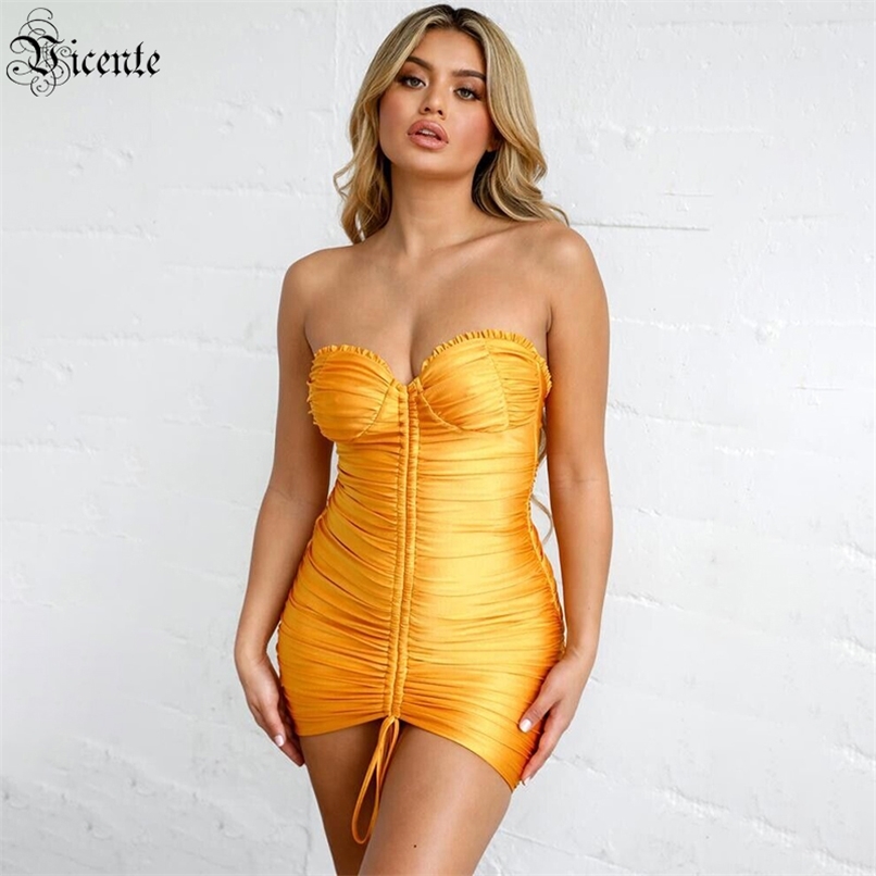 

Women's Dress Celebrity Party Cocktail Draping Lace Design Tube Top Yellow Satin 210520