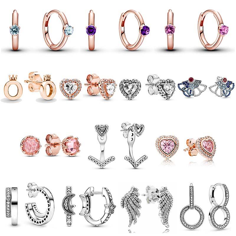 

Stud 925 Sterling Silver Earring Rose Solitaire Huggie Polished Crown O Elevated Heart With Crystal For Women Jewelry