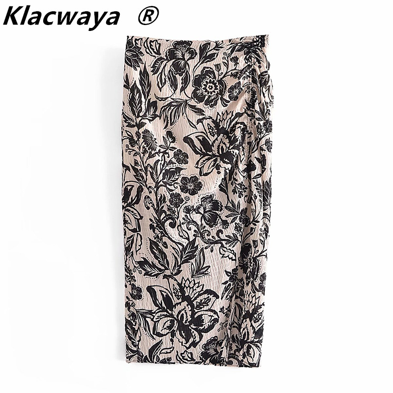 

Za Woman Printed Long Skirts Vintage Draped High Waist Midi Summer Skirt With Side Slit Ruched Female 210521, As shown