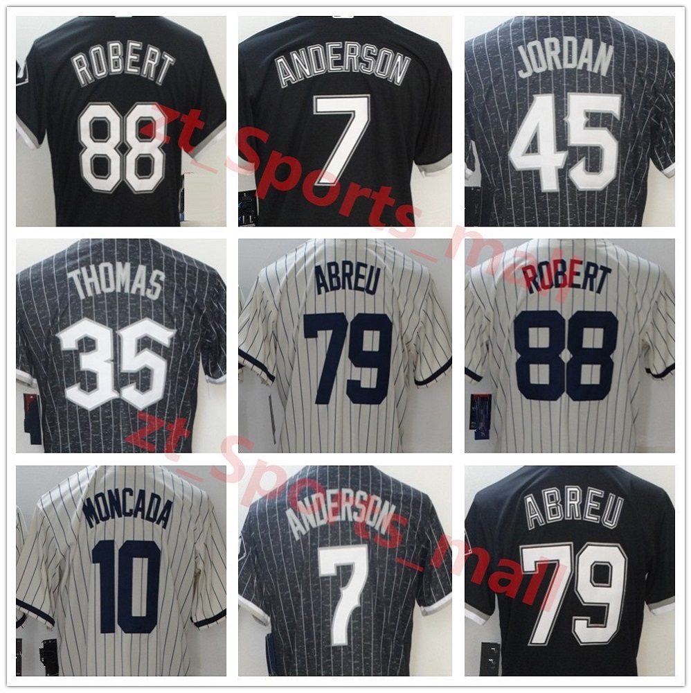 

New Men Chicagos Baseball Jersey White Sox 79 ABREU 35 THOMAS 88 ROBERT 10 MONCADA 7 ANDERSON Stitch Stripe White black Jerseys, Blue;black