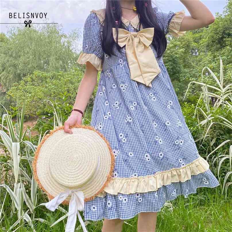 

Japanese Summer Women Lolita Style Dress Peter Pan 2 Collar Bow Cute Mori Girl Preppy Ruffles Kawaii Cotton 210520, Blue