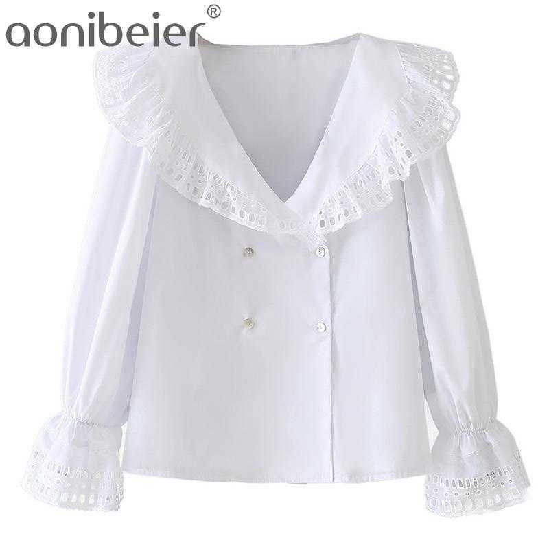 

Women Embroidery Trims White Blouses Vintage V Neck Long Sleeve Female Shirts Blusas Chic Tops 210604