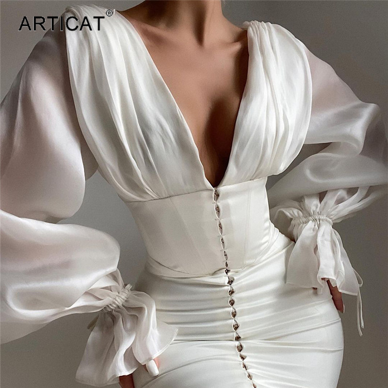 

2021 elegant satin mini dress women white spring lantern sleeve deep v neck bodycon partywear summer backless vestidoshigh quality, Black;gray