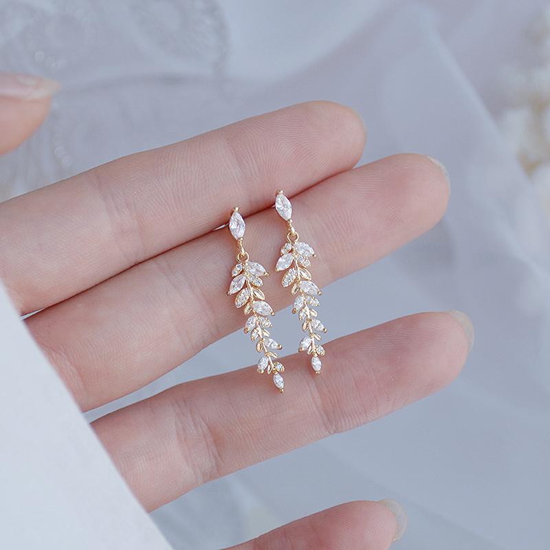 Stud 2021 Korean 18k Real Gold Leaves Earrings For Women Exquisite Tiny Zirconia Earring Elegant Crystal Wedding Ringen Pendant-image-698115556