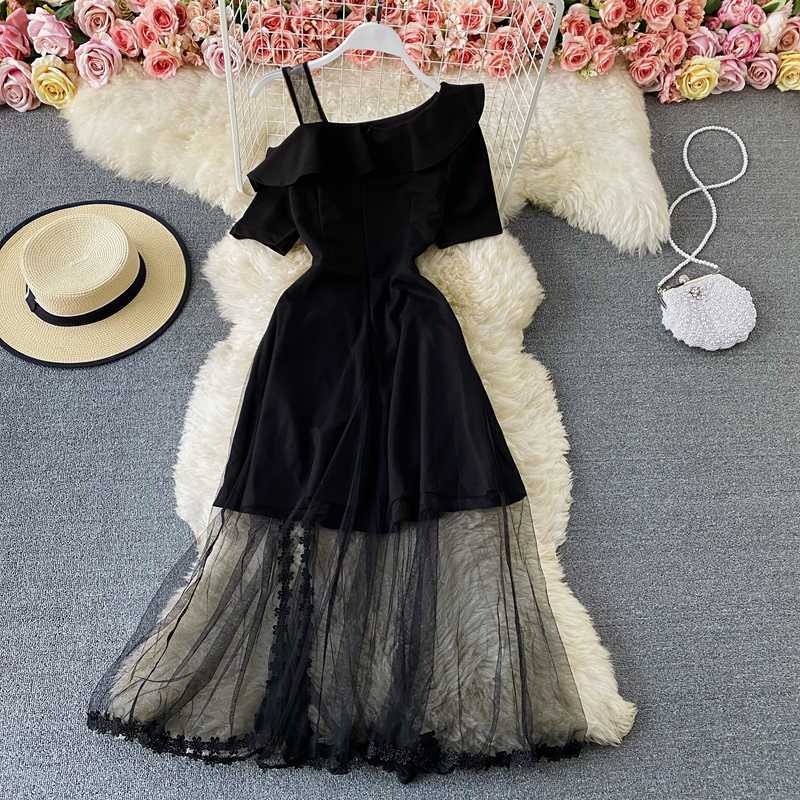 

Vintage Black Mesh Patchwork Party Long Dress Women Sexy Slash Neck One-Shoulder Short Sleeve High Waist Vestidos Spring Summer Y0603